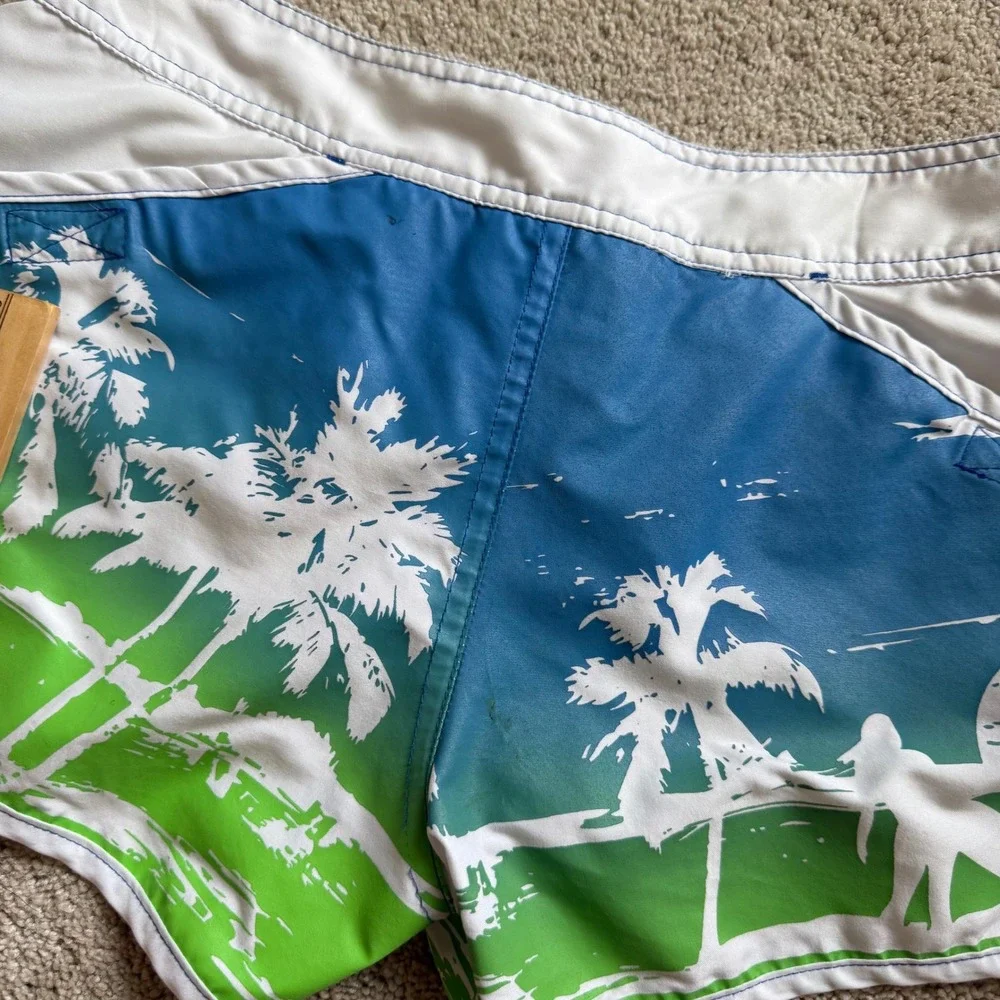Y2K Raya Sun Women Blue Green Tropical Palm Tree Board Shorts Size S
